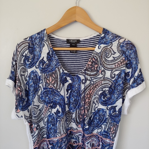 Olsen Europe Linen Short Sleeve Top Paisley Print Size Medium / 10 - Picture 5 of 12